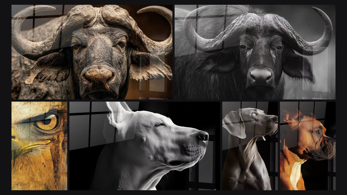 Mosaic of six paintings, including African buffalo, Black and White Buffalo Portrait and Eagle Wall Art Master of Heights