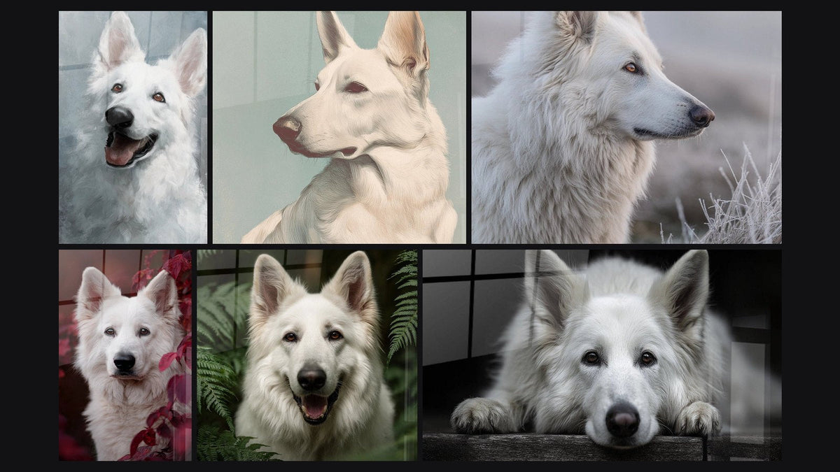 Mosaïque de six tableaux, dont Berger Blanc Suisse au Regard Expressif et Berger Blanc Suisse Profil Regard Perdu