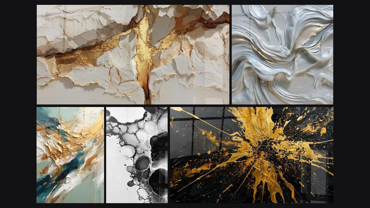 Mosaïque de cinq tableaux, dont Flux et Reflux Doré, Bulles abstraites et Abstrait tourbillons blanc nacré et doré