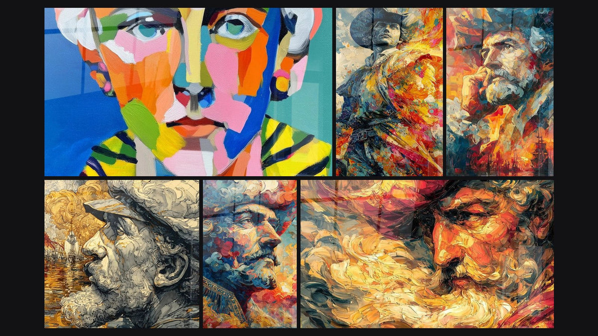 Mosaïque de six tableaux, dont Portrait Fragments d'Humanité et Christophe Colomb Regard Conquistador