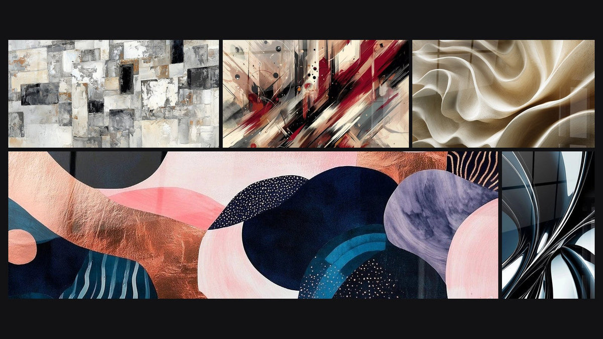 Mosaico de cinco cuadros, entre ellos Abstracto Mosaico Gris y Beige, Turbulencia Artística y Simbiosis Ondulante Coral
