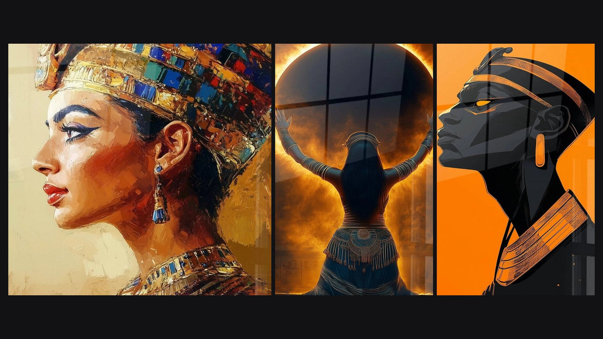 Mosaïque de trois tableaux, dont Femme égyptienne Souffle du Nil et Femme égyptienne offrande divine