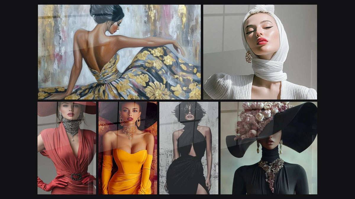 Mosaïque de six tableaux, dont Femme, Diva Moderne et Femme Fatale
