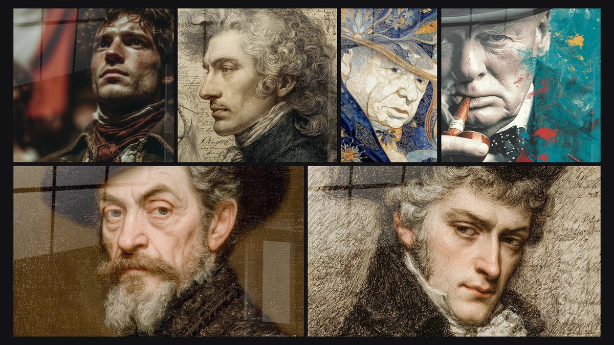 Mosaïque de six tableaux, dont Portrait Renaissance Humaine, Portrait Temps Gravé et Portrait Âme Ornementée