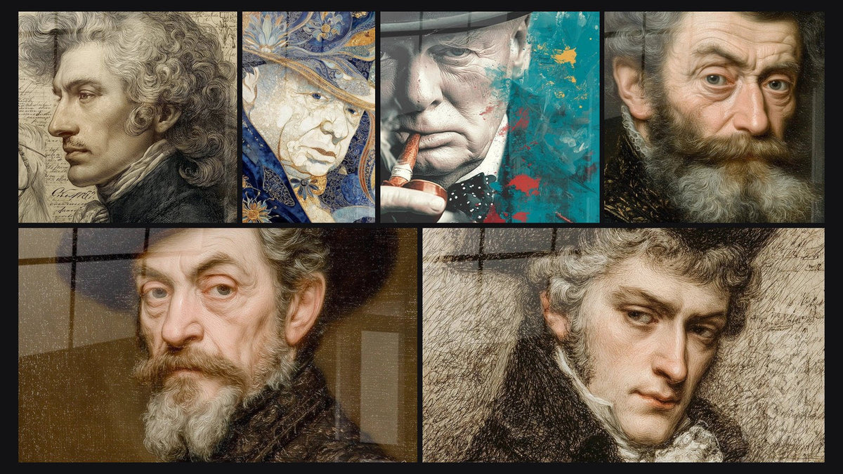 Mosaïque de six tableaux, dont Portrait Temps Gravé, Portrait Âme Ornementée et Portrait Cigare Philosophique