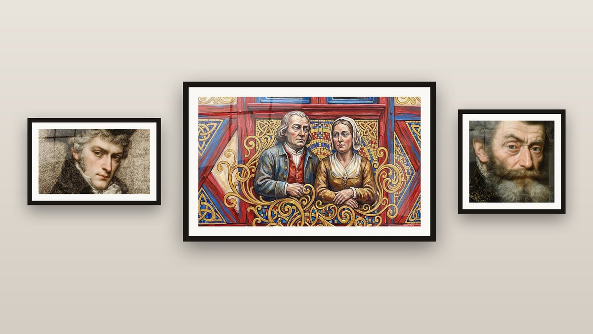 Mur de galerie avec trois tableaux encadrés, dont Couple Traditionnel Breton et Portrait Esquisse Vivante