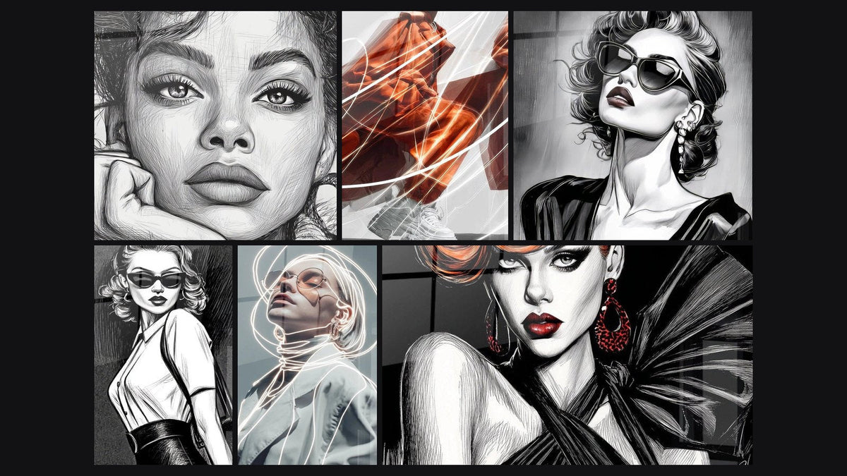 Mosaïque de six tableaux, dont Portrait Femme, Diva Vintage et Femme Stylée