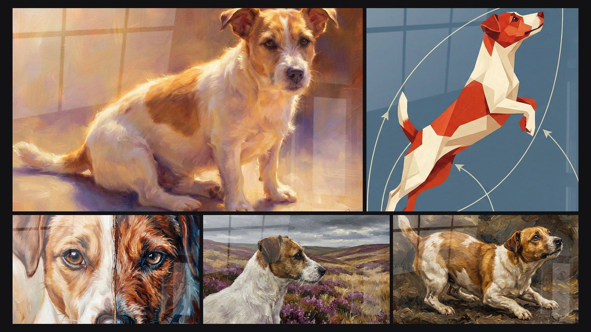 Mosaïque de cinq tableaux, dont Chien Assis dans la Lumière Dorée