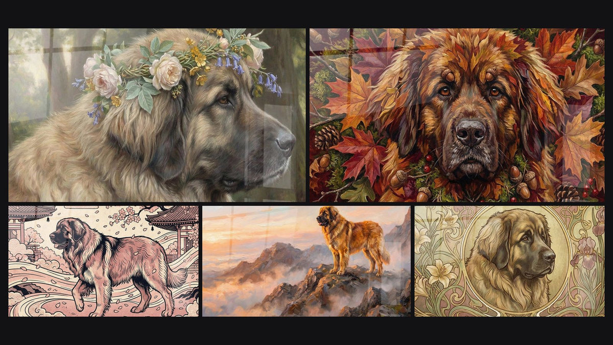 Mosaïque de cinq tableaux, dont Chien aux Fleurs Pastel et Chien aux Tons Rosés dans Jardin Japonais