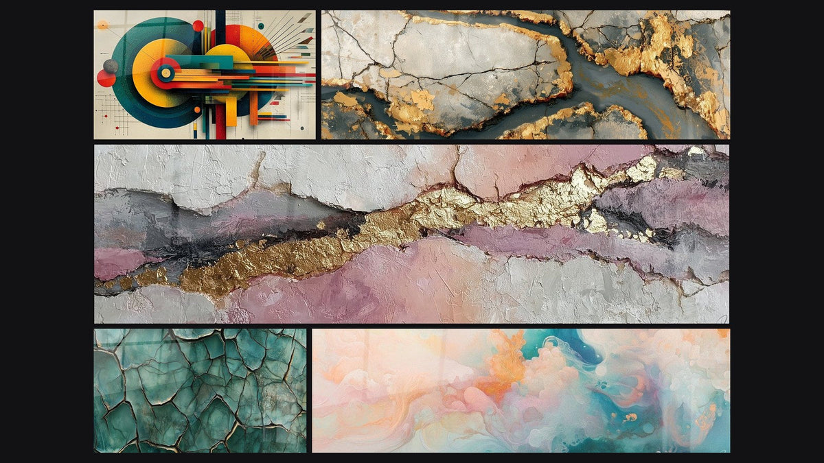 Mosaïque de cinq tableaux, dont Géométrique Énergie Concentrique, Terre Fracturée et Marbrure dorée aux failles anthracite