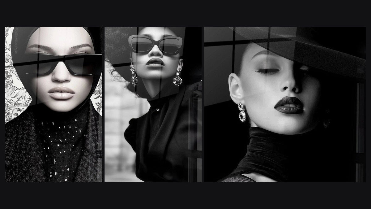 Mosaïque de trois tableaux : Femme au Hijab, Mode Luxury et Portrait Femme