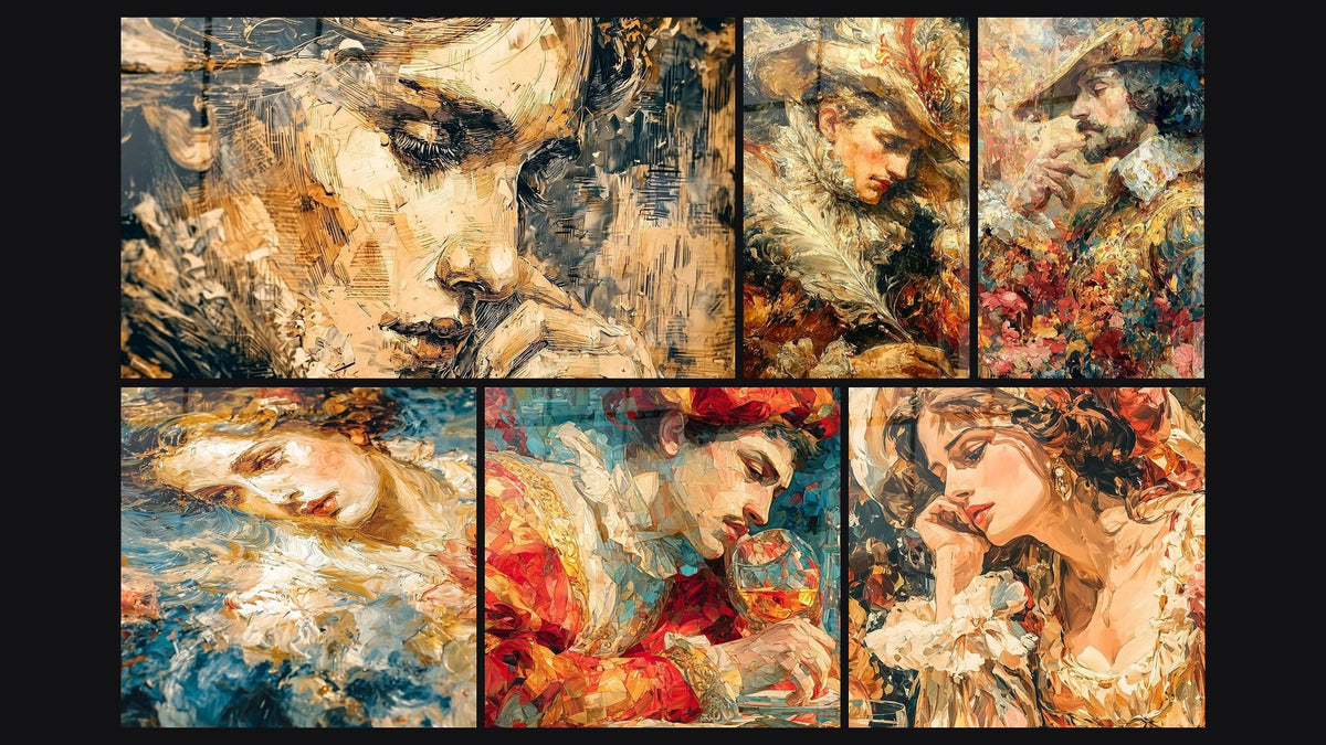 Mosaico de seis cuadros, entre ellos Retrato Sfumato Misterioso, Rostro Reverie Ocre y Retrato Masculino Musa de las Artes