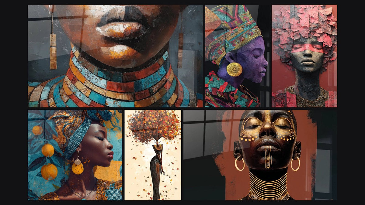 Mosaïque de six tableaux, dont Femme Africaine Collier, Femme africaine colorée et Femme africaine aux oranges