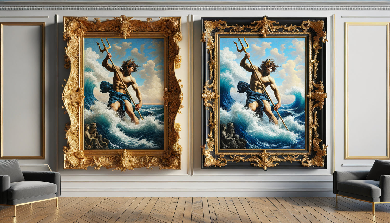 Comparaison tableau Poséidon avec encadrement doré baroque versus cadre minimaliste noir sur mur contemporain