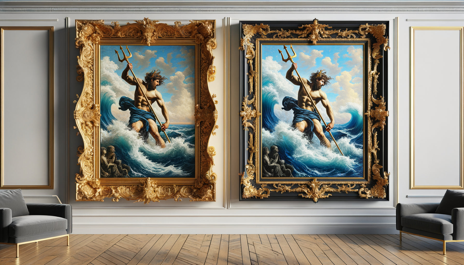 Comparaison tableau Poséidon avec encadrement doré baroque versus cadre minimaliste noir sur mur contemporain