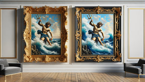 Comparaison tableau Poséidon avec encadrement doré baroque versus cadre minimaliste noir sur mur contemporain