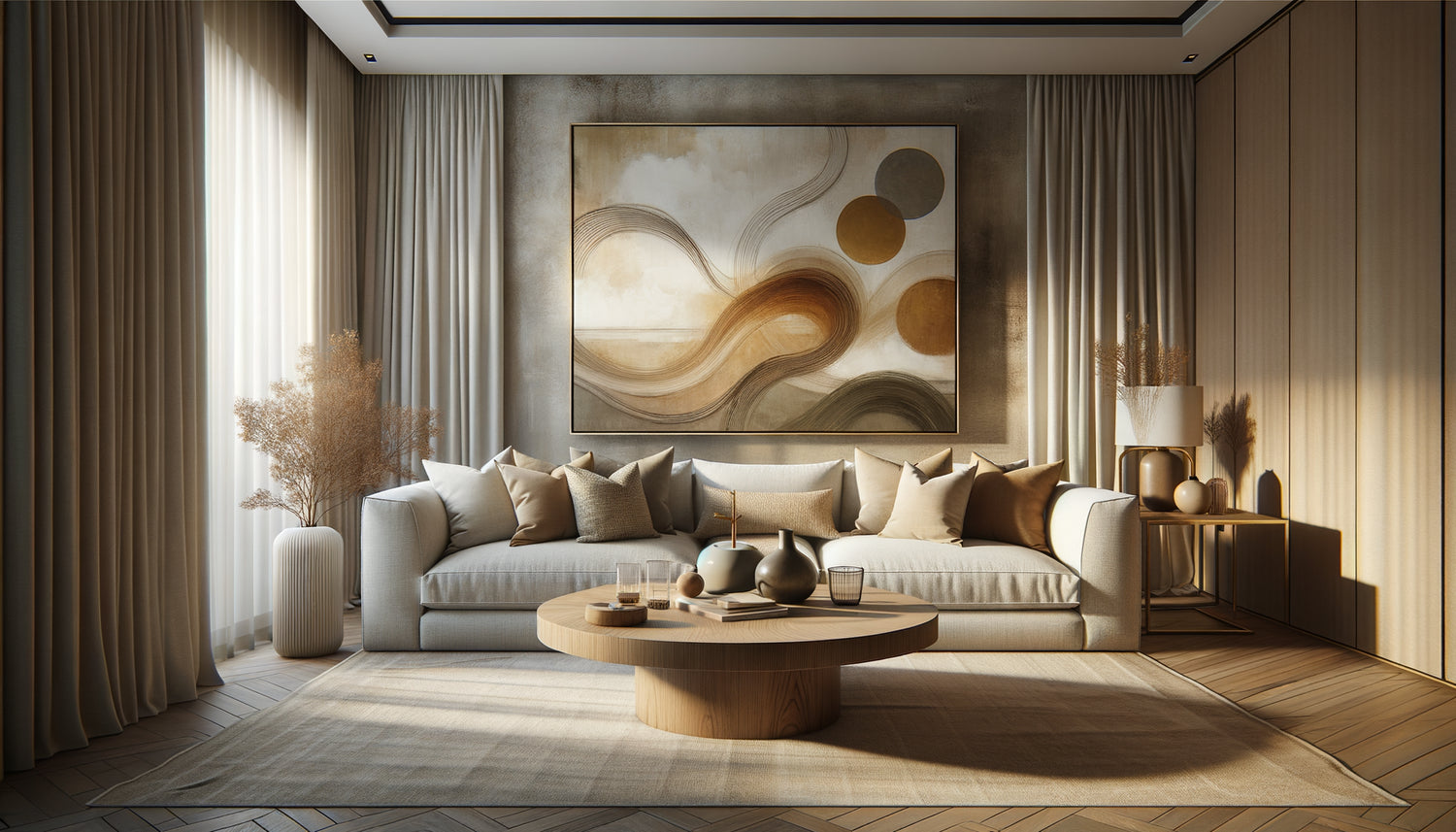 Intérieur contemporain premium avec tableau abstrait aux tons terre, design sophistiqué et chaleureux accessible