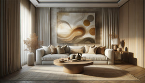 Intérieur contemporain premium avec tableau abstrait aux tons terre, design sophistiqué et chaleureux accessible
