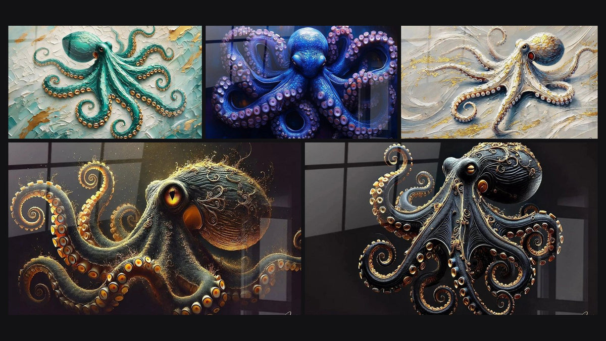 Mosaik aus fünf Gemälden, darunter Smaragd der Tiefseeschluchten, Goldene Tentakel und Königlicher Kraken Kunstdruck