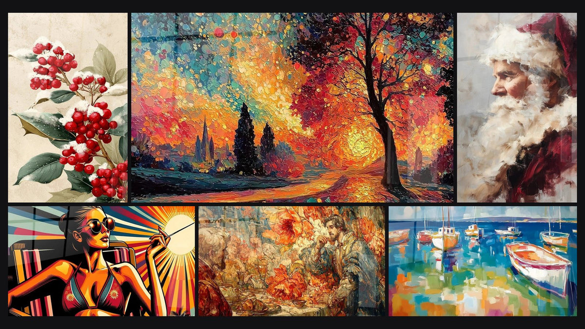 Mosaïque de six tableaux, dont Chaleur Rétro, Paysage Automnal Émotion Chaleureuse et Père Noël dans la chaleur du foyer