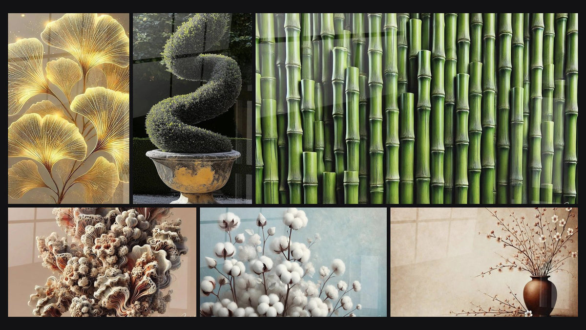 Mosaïque de six tableaux, dont Brillance Naturelle, Buis N°1 et Complexité Naturelle