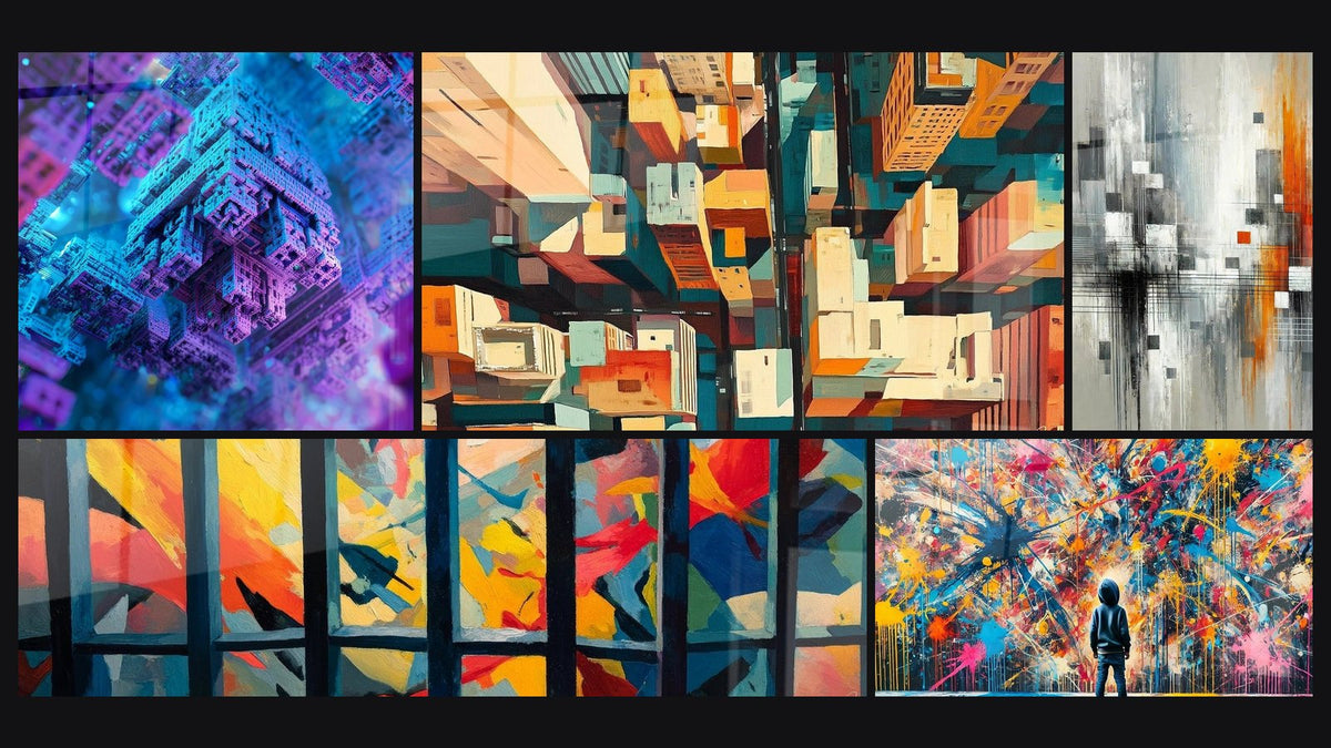 Mosaico de cinco cuadros, entre ellos Arquitectura futurista, Ventana urbana colorido y Laberinto Metropolitano Naranja