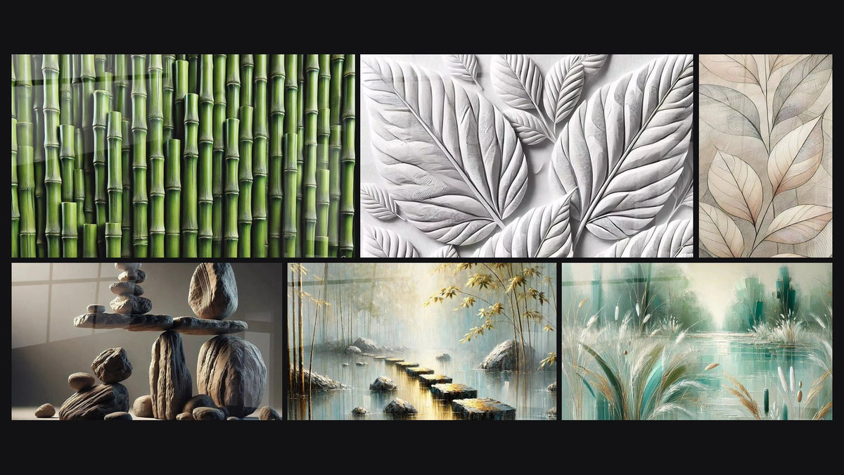 Mosaïque de six tableaux, dont Lignes de Nature, Éphémère Stabilité et Le Chemin Doré