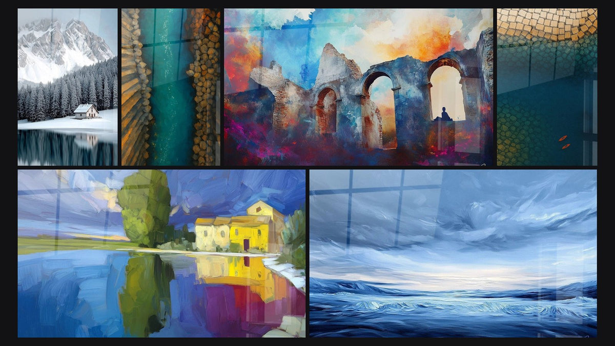 Mosaïque de six tableaux, dont Chalet bois authentique, Lac Douceur Cristalline et Mer Tourmentée