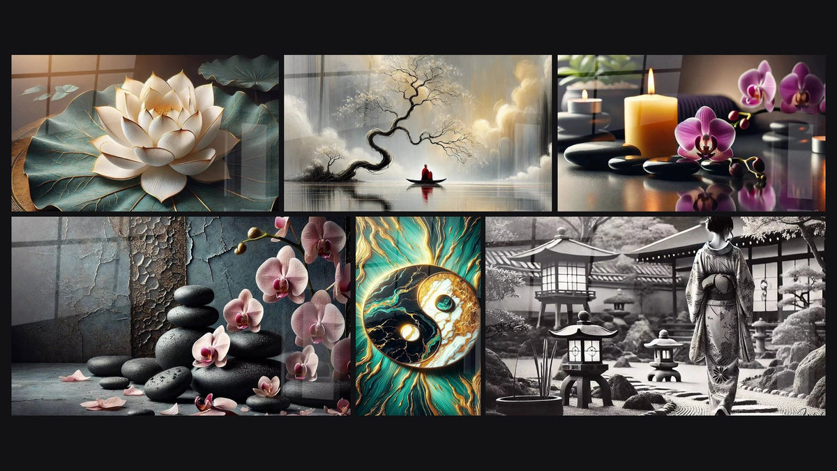 Mosaïque de six tableaux, dont Pureté Sacrée, Voyage Intérieur et Pierres et Pétales