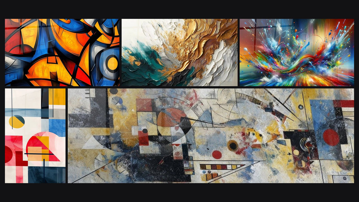 Mosaic of five paintings, including Colored geometric shapes and Colorful geometric composition