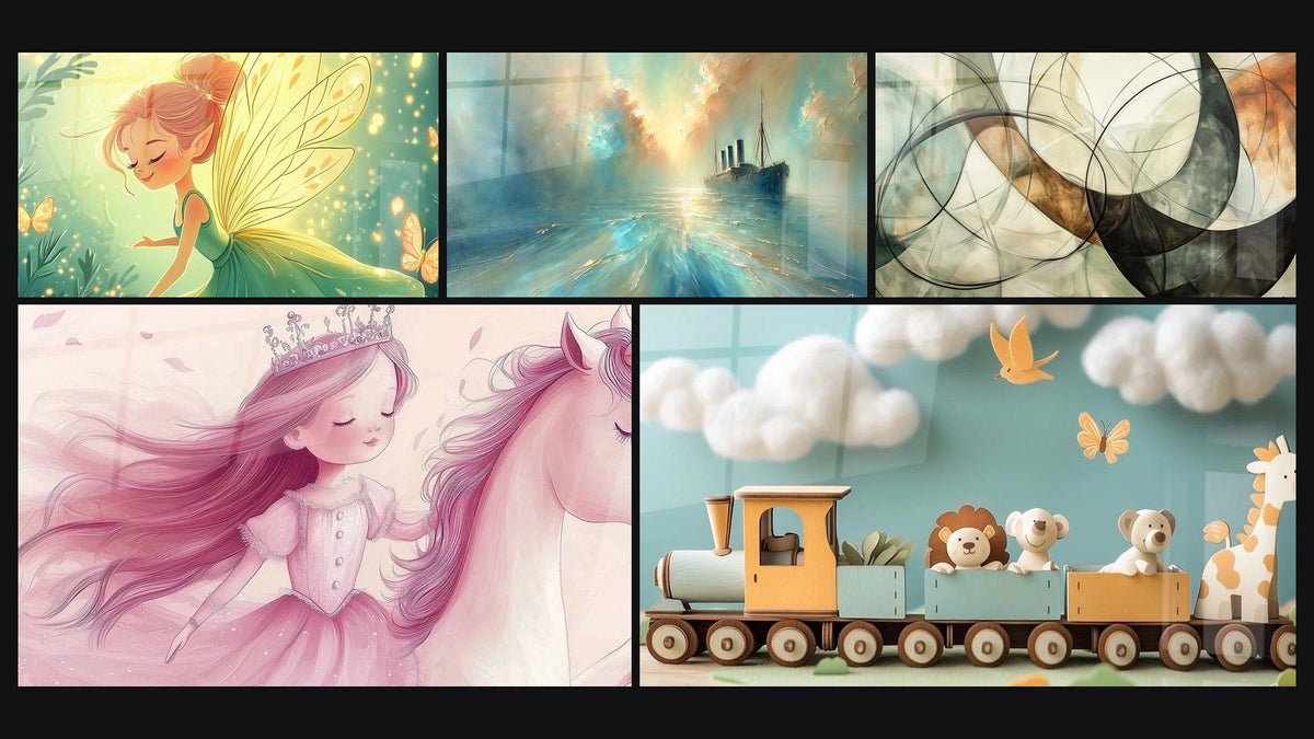 Mosaïque de cinq tableaux, dont Féerique N°3, Princesse N°1 et Train N°2
