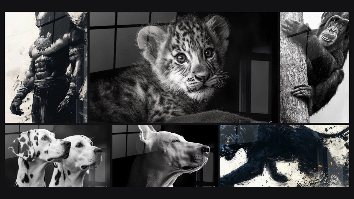 Mosaïque de six tableaux, dont Anubis N°1, Lionceau N°2 et Dalmatien N°6