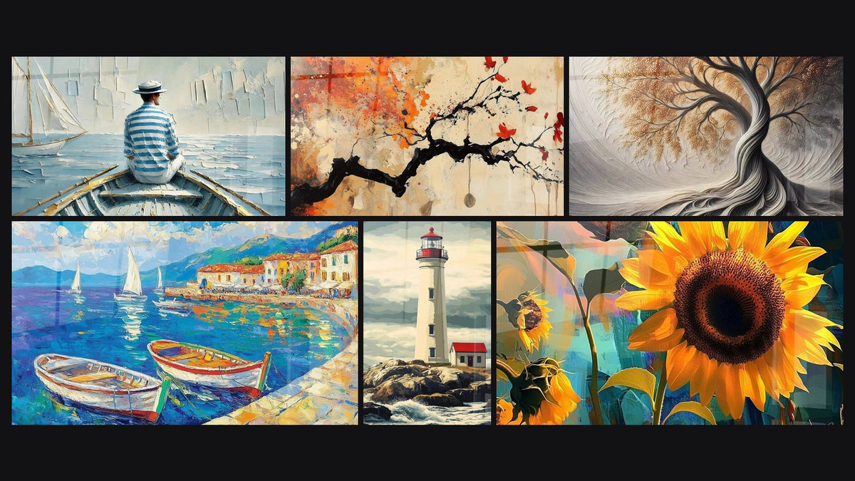Mosaico de seis cuadros, entre ellos El Arte del Agua, Puerto N°1 y Faro N°3