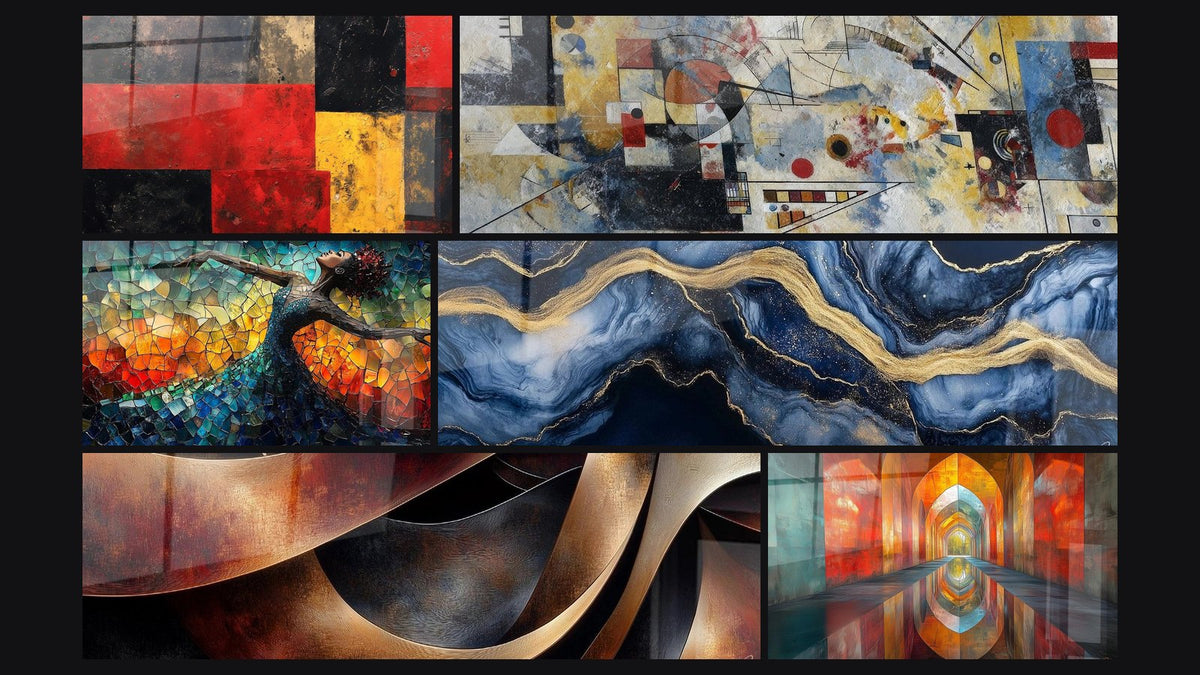 Mosaico di sei quadri, tra cui Composizione astratta geometrica, Danza Fuoco Liberatrice Rosso e Marmo Liquido Eternità Blu