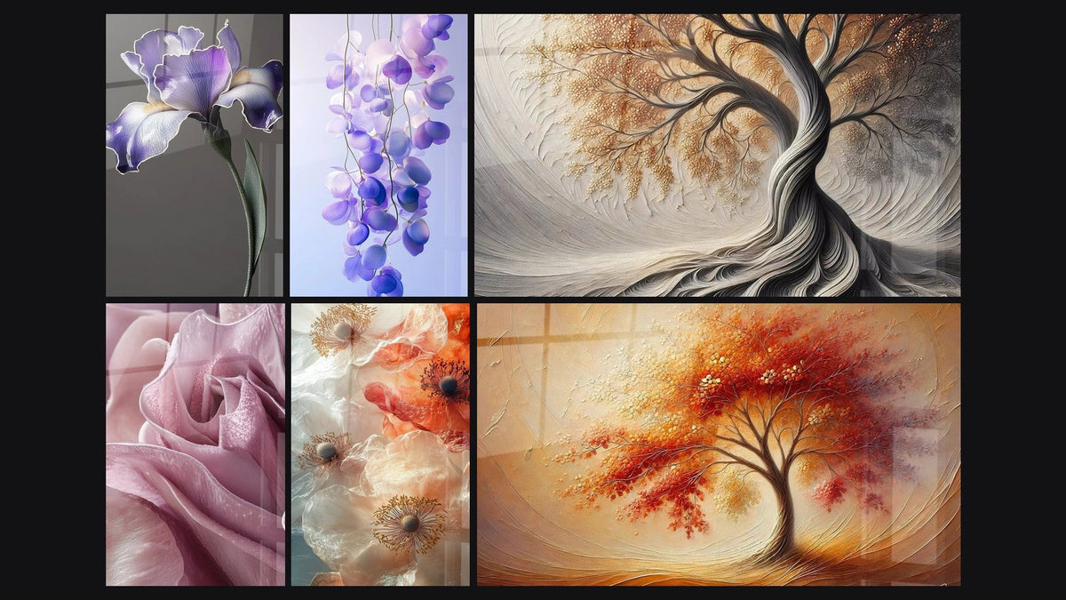 Mosaico de seis cuadros, entre ellos Tulipán N°2, Amapola N°2 y Aliento de la Tierra