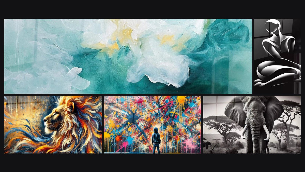 Mosaïque de cinq tableaux, dont Nuages Apaisants Turquoise, Flamme Sauvage et Éclats de Peinture