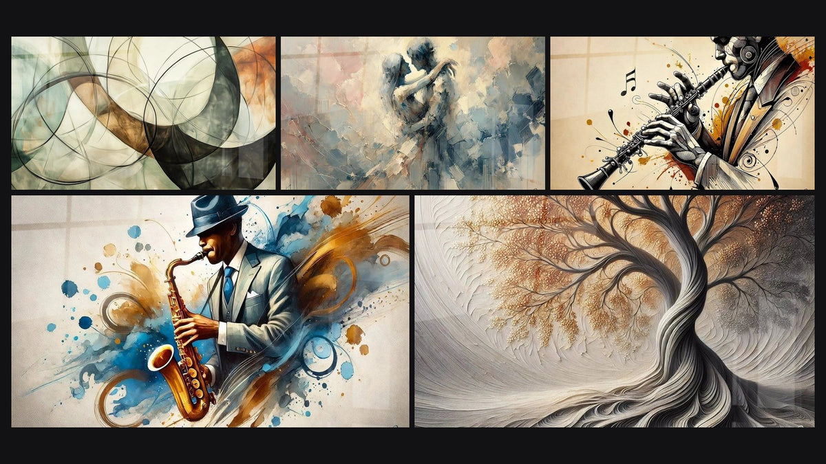 Mosaico di cinque quadri, tra cui I Legami Invisibili, Tra Noi e Clarinetto N°1