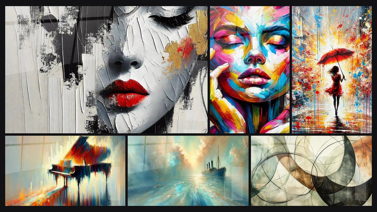 Mosaïque de six tableaux, dont Beauté inachevée, Éclat Vintage et Pluie de Couleurs