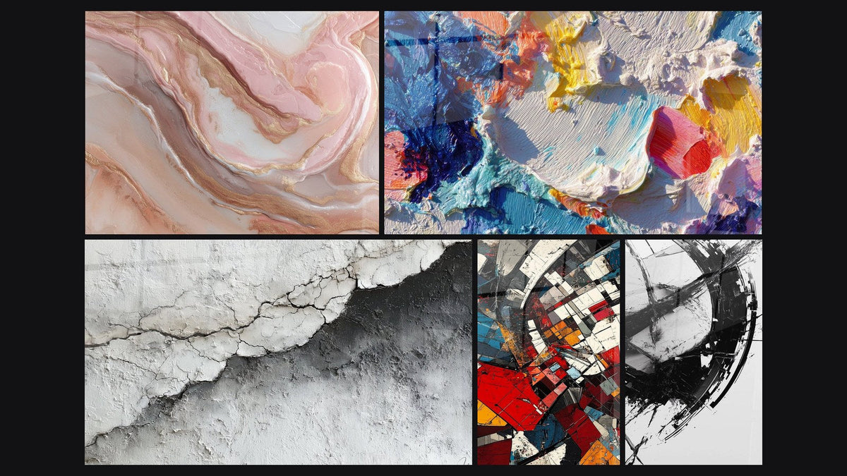 Mosaïque de cinq tableaux, dont Peinture abstraite et Texture Murale Fissurée Blanc et Gris