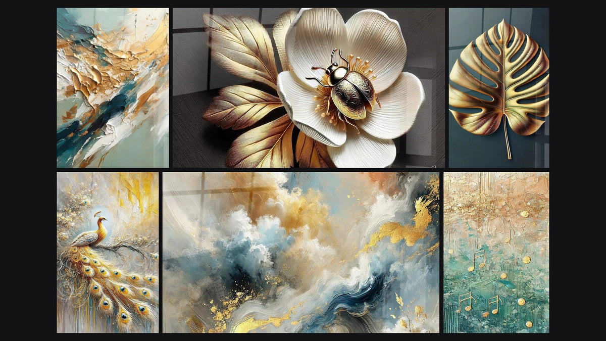 Mosaico de seis cuadros, entre ellos Flujo y Retroceso Dorado, Pequeño Tesoro y Alas Doradas
