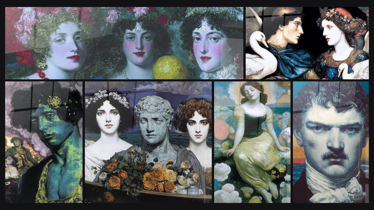 Mosaic of six paintings, including Three Women Prophets Floral, Emerald Heart Portrait and Marble Dream Figures
