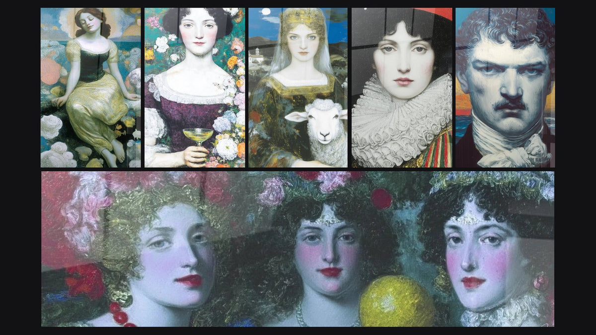 Mosaico di sei quadri, tra cui Donna Giardino delle anime, Donna con bicchiere Muse fiorito e Tre Donne Profetesse Floreali