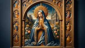 Détail d'un tableau primitif flamand du XVe siècle, technique à l'huile sur bois, réalisme minutieux caractéristique de l'école flamande