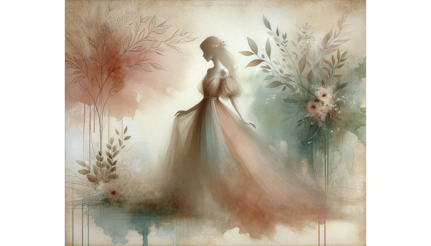 Tableau contemporain sophistiqué de princesse, style artistique raffiné aux tons poudrés, approche décorative moderne et poétique
