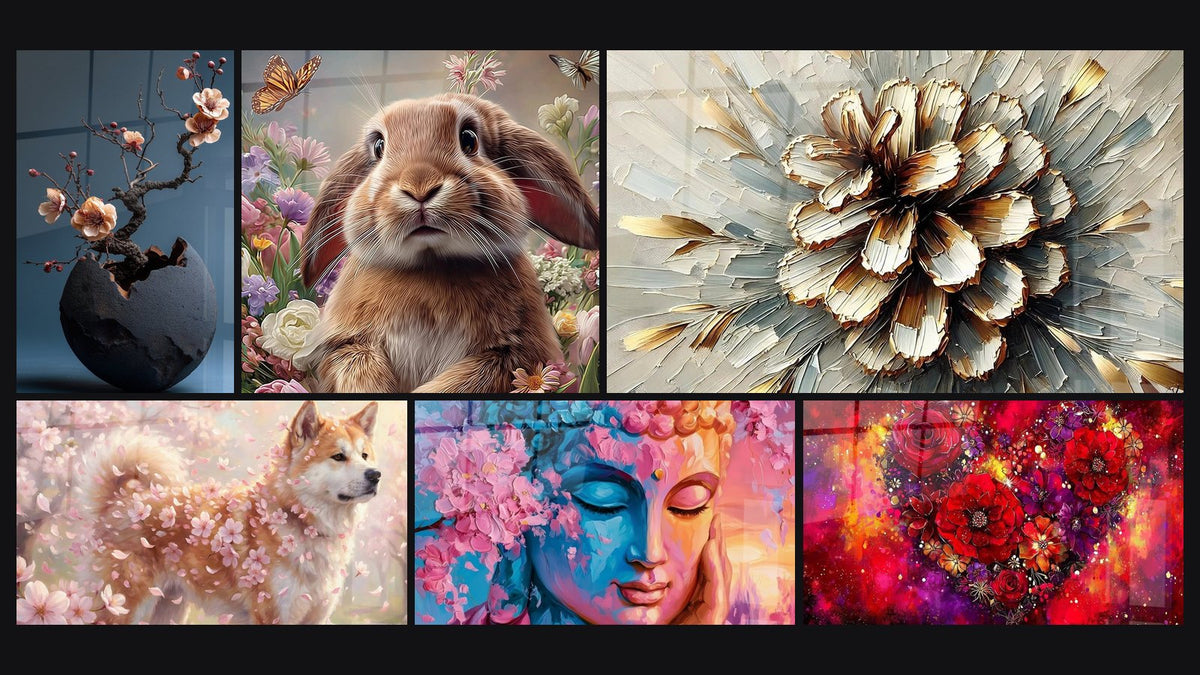 Mosaïque de six tableaux, dont Akita Inu Parmi les Fleurs de Cerisier et Lapin Douceur Printanière