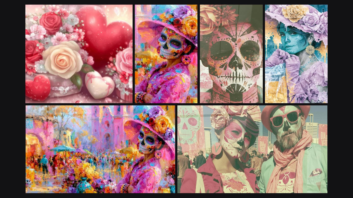 Mosaïque de six tableaux, dont Roses Promesse du Cœur et Catrina au chapeau rose et violet fleuri
