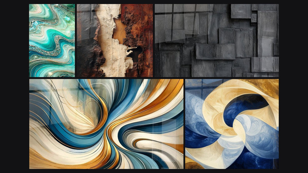 Mosaïque de cinq tableaux, dont Vagues Cristallines, Spirales Élégantes et Souffle Divin Blanc