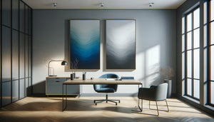 Bureau professionnel moderne avec tableaux abstraits à dominantes bleue et grise côte à côte pour comparaison