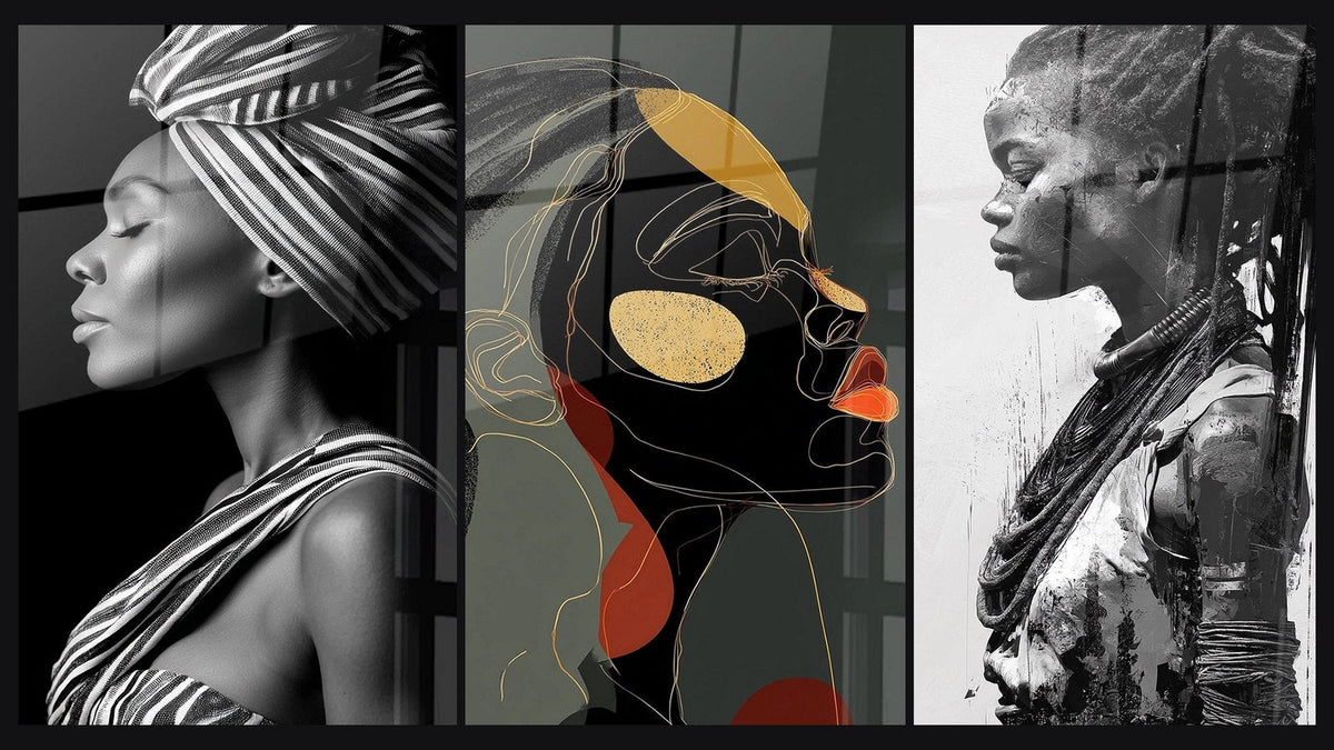 Mosaico de tres cuadros: Mujer Africana Retrato, Perfil Mujer Negra y Mujer Africana Perfil