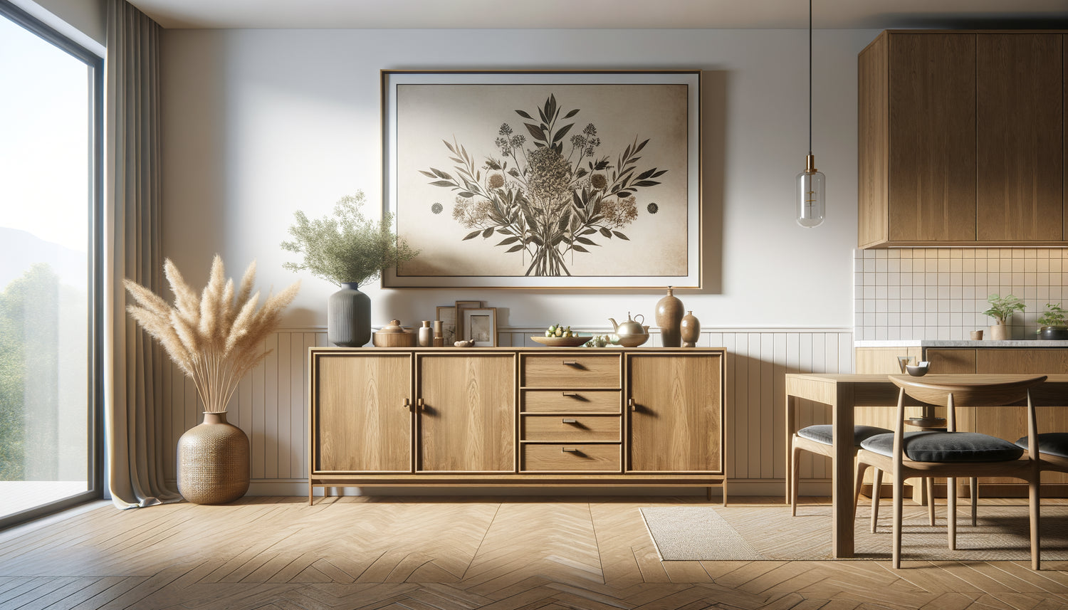 Cuisine-salle à manger moderne avec tableau proportionné au-dessus d'un buffet, illustration de la règle des deux tiers